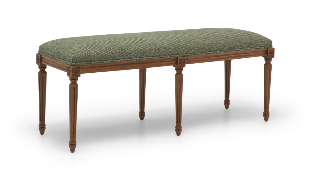 Banquette ancienne style Louis XVI bois teinte ancienne et tissu chiné vert Banquette ancienne style Louis XVI bois teinte ancienne et tissu chiné vert