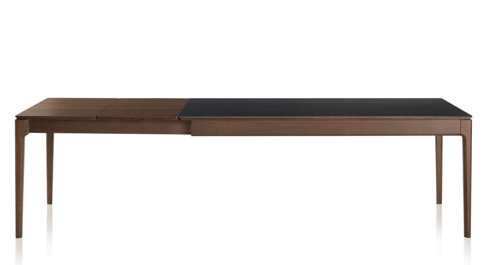 Table extensible 8 à 12 personnes en chêne et céramique allonges bois avec bois teinte marron foncé et plateau céramique noir unie 180x100 cm Table extensible 8 à 12 personnes en chêne et céramique allonges bois avec bois teinte marron foncé et plateau céramique noir unie 180x100 cm
