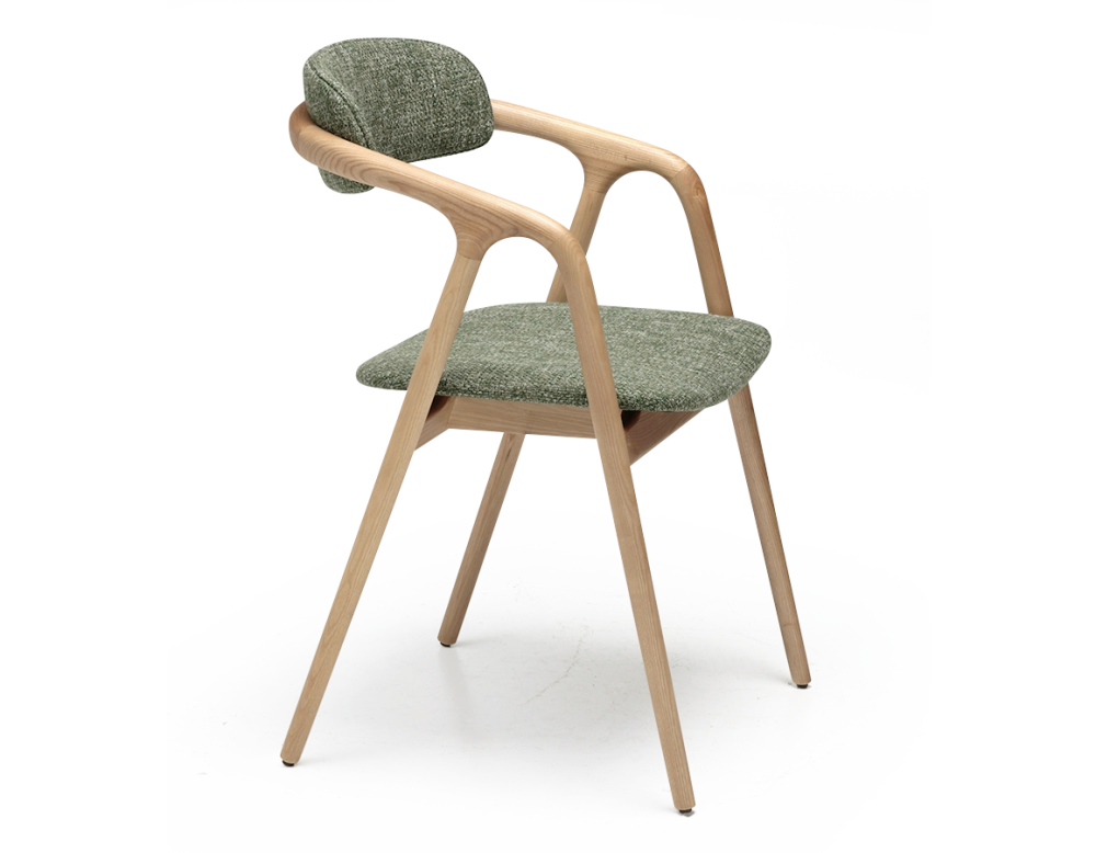 Scandinavian chair wood with natural finish, seat in green mottled fabric. Scandinavian chair wood with natural finish, seat in green mottled fabric.