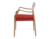 Chaise scandinave avec accoudoirs bois teinte noyer assise tissu bordeaux Chaise scandinave avec accoudoirs bois teinte noyer assise tissu bordeaux