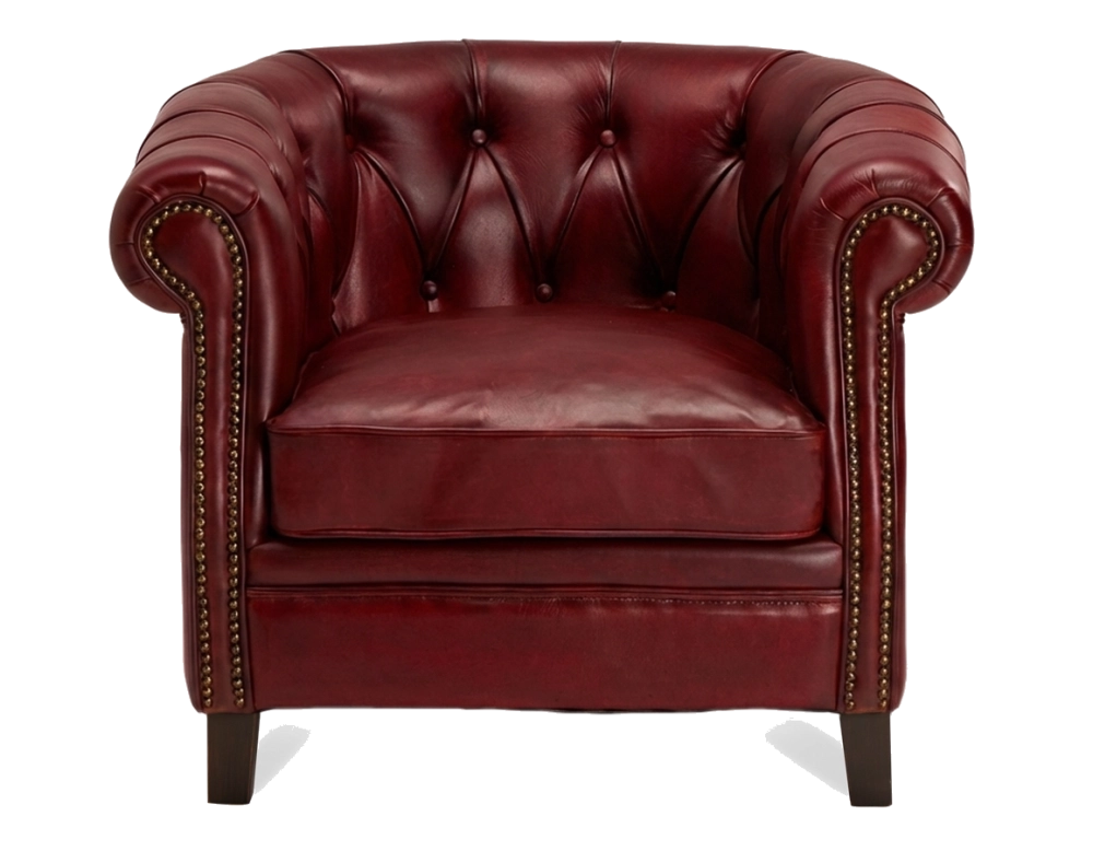 Fauteuil Chesterfield cuir rouge carmin accoudoirs cloutés