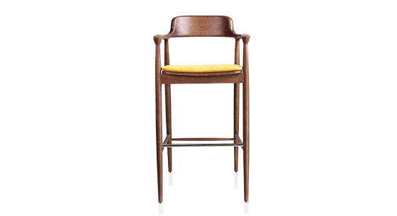 Tabouret de bar h80 cm bois teinte noyer assise tissu jaune