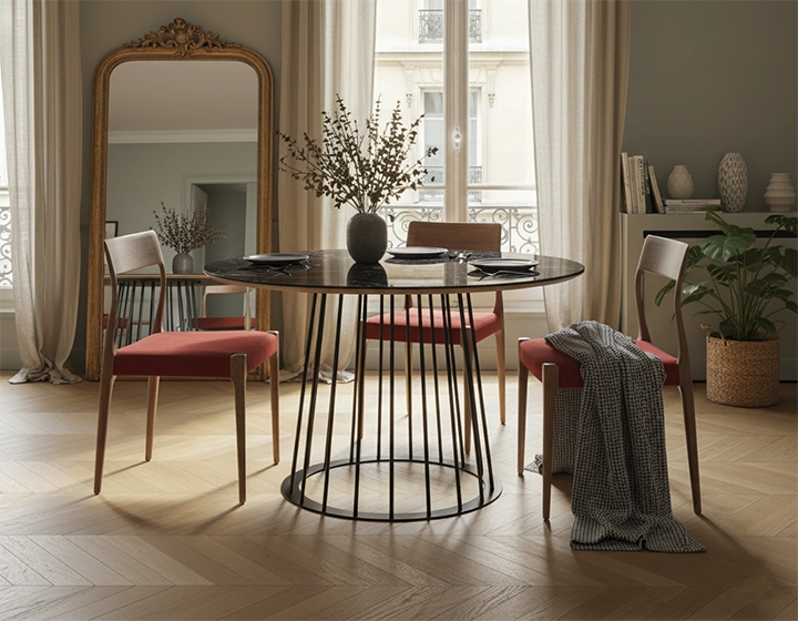 Silla escandinava madera tinte marrón oscuro asiento tejido burdeos