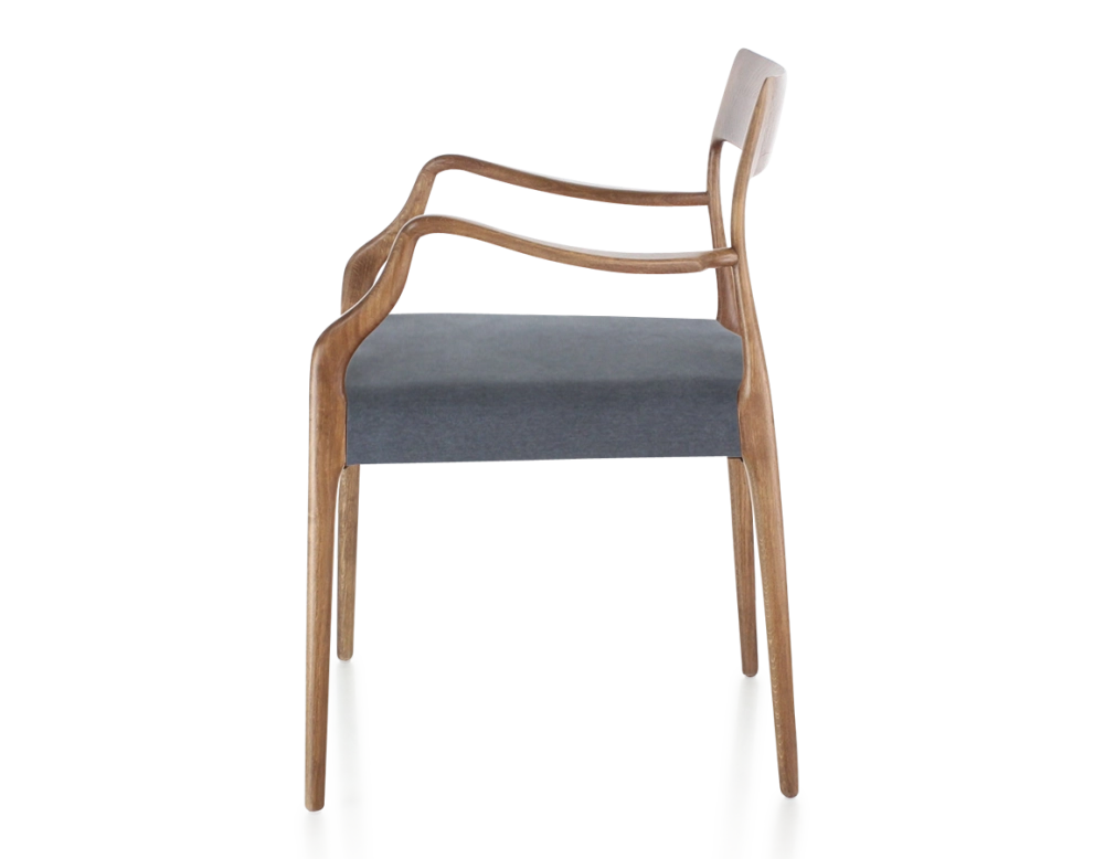 Scandinavian armchair with armrests walnut-stained wood, grey fabric seat Scandinavian armchair with armrests walnut-stained wood, grey fabric seat