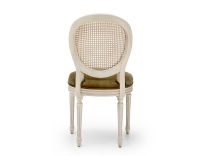 Chaise ancienne style Louis XVI bois teinte blanche cérusée dossier canné assise tissu velours vert olive Chaise ancienne style Louis XVI bois teinte blanche cérusée dossier canné assise tissu velours vert olive