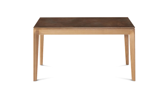 Extendable table for 6 to 12 people in oak and ceramic with wooden extensions with natural stained wood and oxidised brown ceramic top 140x100 cm