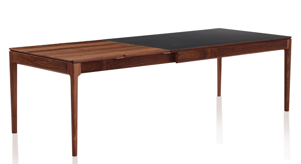 Table extensible 8 à 12 personnes en noyer et céramique allonges bois avec bois teinte naturelle et plateau céramique noir unie 160x100 cm Table extensible 8 à 12 personnes en noyer et céramique allonges bois avec bois teinte naturelle et plateau céramique noir unie 160x100 cm