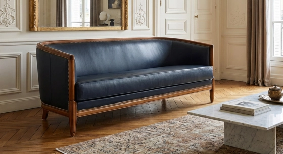 Canapé ancien 3 places accoudoirs moulurés bois teinte ancienne et cuir noir