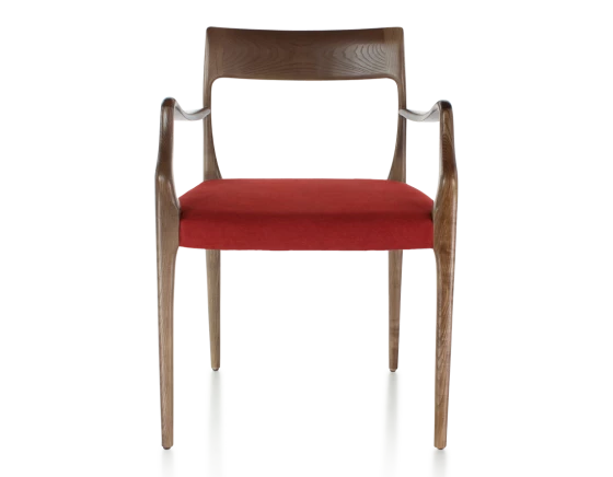 Chaise scandivave avec accoudoirs bois teinte marron foncé assise tissu bordeaux