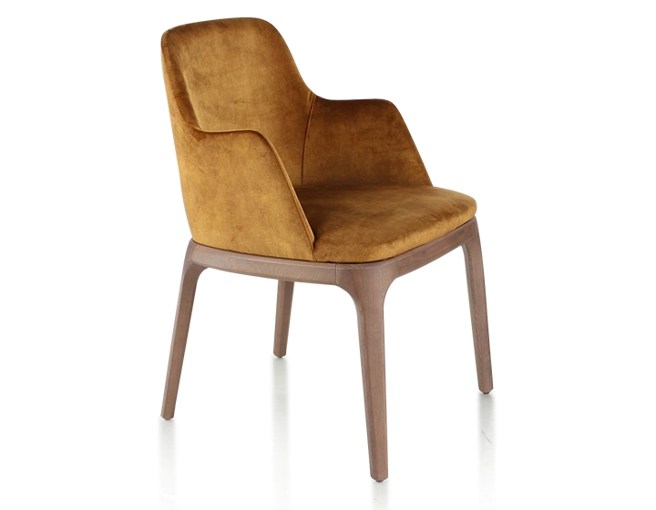 Chaise design avec accoudoirs bois teinte noyer et tissu velours bronze Chaise design avec accoudoirs bois teinte noyer et tissu velours bronze