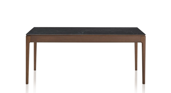 Table salle à manger en chêne et céramique 6 à 8 personnes avec bois teinte marron foncé et plateau céramique effet ardoise 160x100 cm