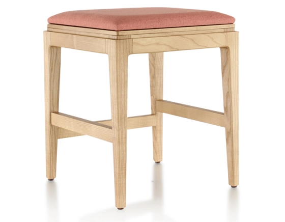 H45 cm design stool natural wood stain coral pink fabric seat