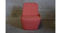 Designer armchair without armrests oak natural finish with pink fabric seat