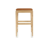 H60 cm designer bar stool natural tint wood, caramel leather seat