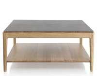 Table basse carrée en chêne et céramique avec tablette en bois teinte naturelle plateau céramique brun oxydé 100x100 cm Table basse carrée en chêne et céramique avec tablette en bois teinte naturelle plateau céramique brun oxydé 100x100 cm