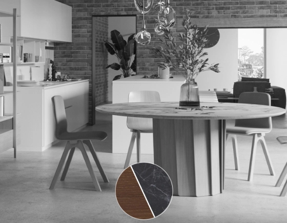 Table salle à manger ronde en chêne et céramique 6 personnes avec bois teinte marron foncé et plateau céramique effet ardoise 120 cm