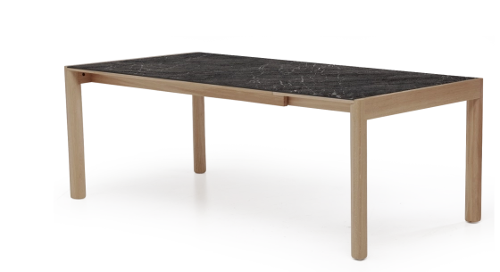 Extending table for 8 to 12 people in oak and ceramic with ceramic extensions natural wood finish and grey marble-effect ceramic 180x100 cm