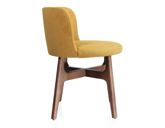 Chaise design bois teinte noyer assise tissu jaune