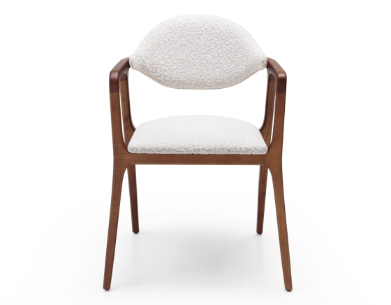 Designer armchair cherry wood stain and white bouclé fabric