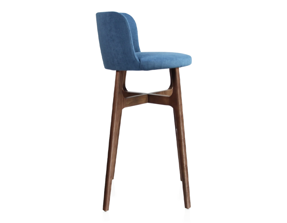 Tabouret de bar h80 cm bois teinte marron foncée assise tissu bleu jeans Tabouret de bar h80 cm bois teinte marron foncée assise tissu bleu jeans