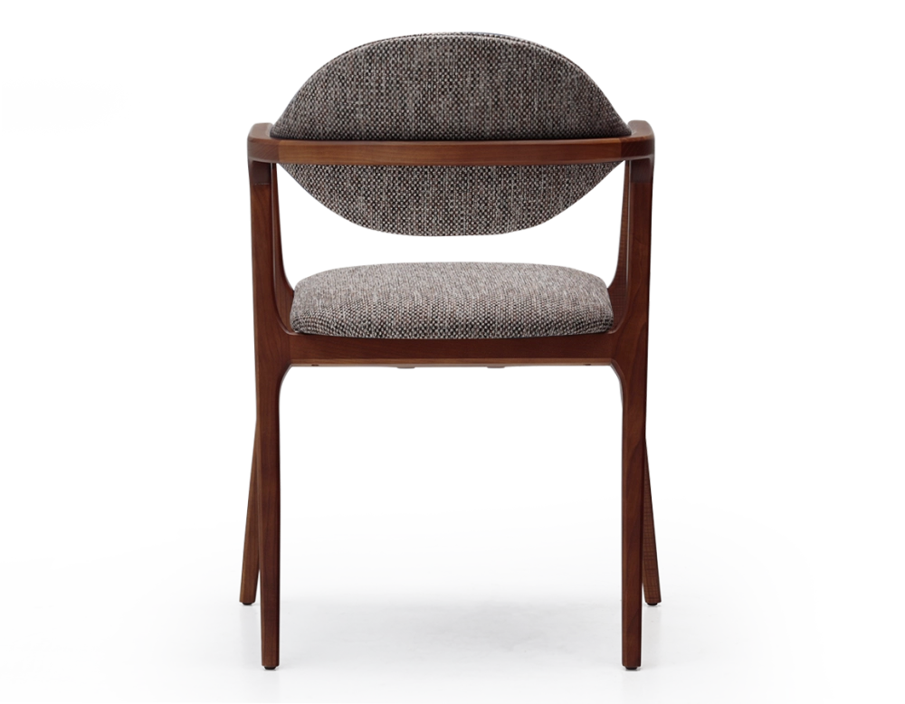 Chaise design avec accoudoirs bois teinte merisier et tissu chiné marron Chaise design avec accoudoirs bois teinte merisier et tissu chiné marron