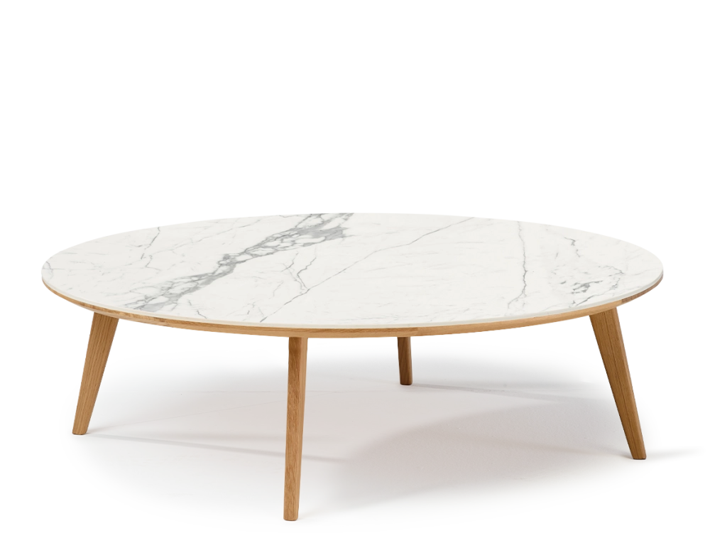 Table basse ronde F1 en chêne et céramique bois teinte naturelle plateau céramique effet marbre blanc 90x90x40 cm