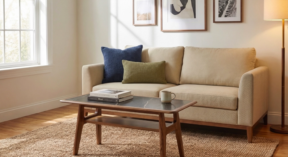 Canapé design 2,5 places tissu chiné beige