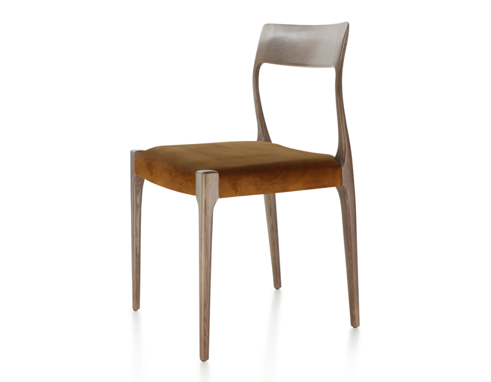 Chaise scandinave bois teinte marron foncé assise tissu velours bronze Chaise scandinave bois teinte marron foncé assise tissu velours bronze