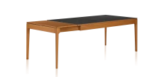Table extensible 6 à 10 personnes en chêne et céramique allonges bois avec bois teinte merisier et plateau céramique effet ardoise 140x90 cm