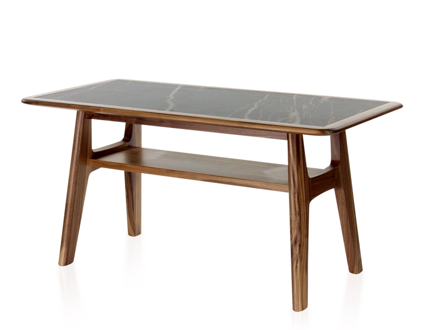 Table basse rectangulaire en noyer et céramique bois teinte naturelle plateau céramique effet marbre noir 100x50 cm