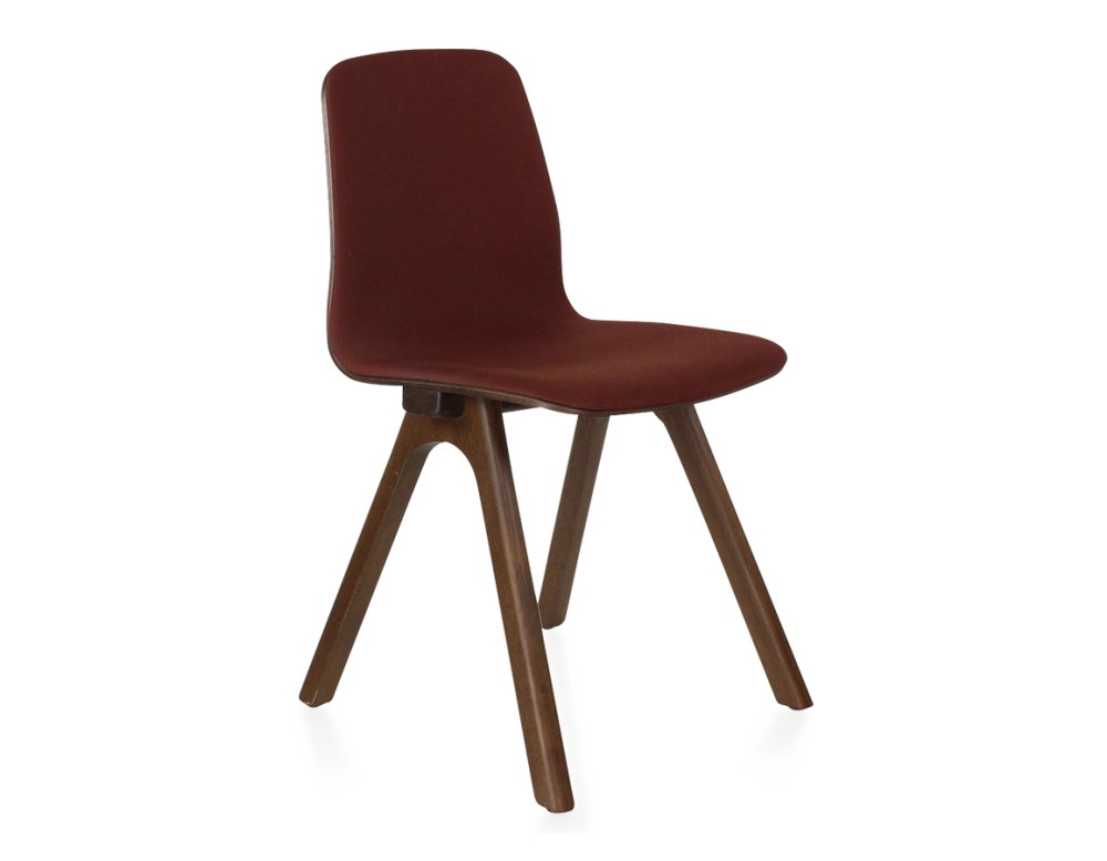Chaise design en chêne tapissé bois teinte marron foncé assise tissu bordeaux Chaise design en chêne tapissé bois teinte marron foncé assise tissu bordeaux