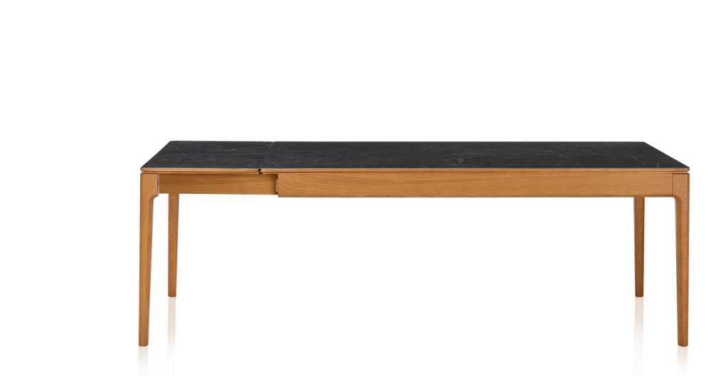 Table extensible 8 à 12 personnes en chêne et céramique allonges céramique avec bois teinte merisier et plateau et allonges céramique effet ardoise 180x100 cm