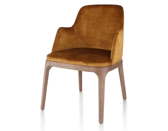 Chaise design avec accoudoirs bois teinte noyer et tissu velours bronze
