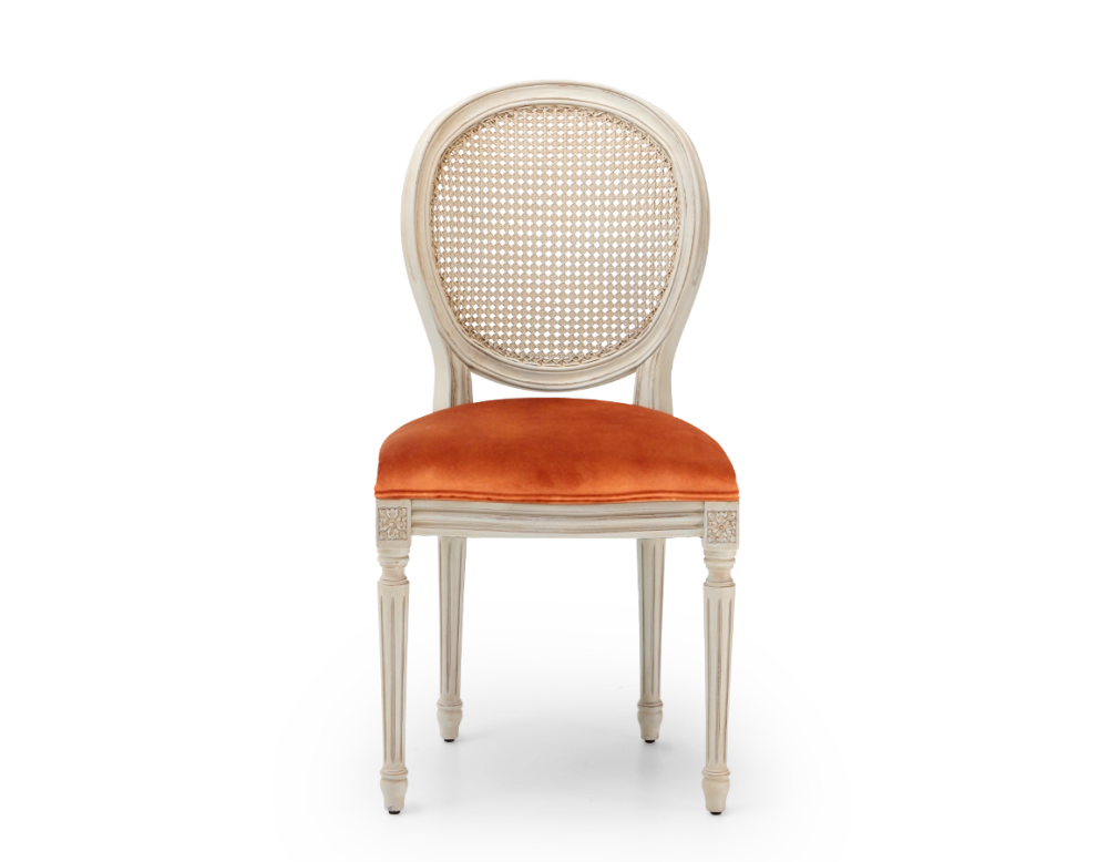 Louis XVI style antique chair white cerused wood with cane back and terracotta velvet seat. Louis XVI style antique chair white cerused wood with cane back and terracotta velvet seat.
