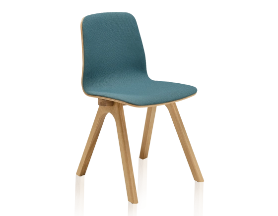 Upholstered oak designer chair natural stained wood, ocean blue fabric seat