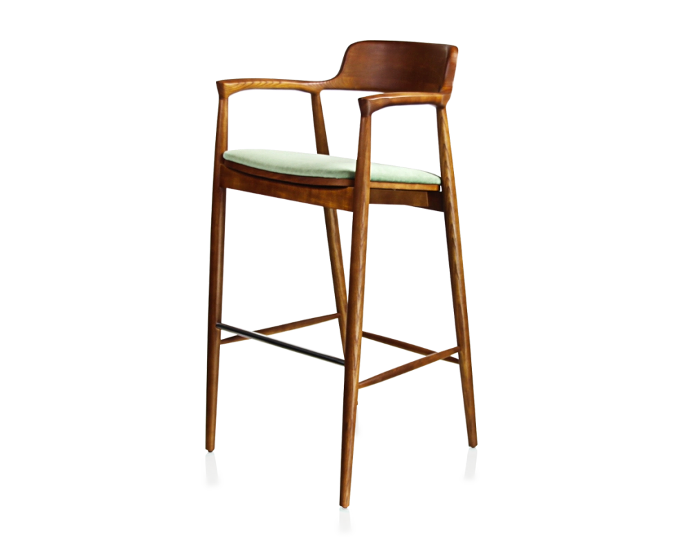 Bar stool h80 cm cherry-stained wood green fabric seat Bar stool h80 cm cherry-stained wood green fabric seat
