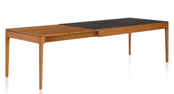 Table extensible 8 à 12 personnes en chêne et céramique allonges bois avec bois teinte merisier et plateau céramique effet marbre noir 160x100 cm
