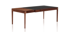 Table extensible 6 à 10 personnes en noyer et céramique allonges bois avec bois teinte naturelle et plateau céramique effet ardoise 140x90 cm