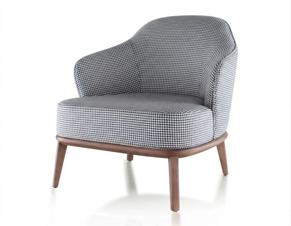Fauteuil design tissu pied-de-poule bleu et blanc