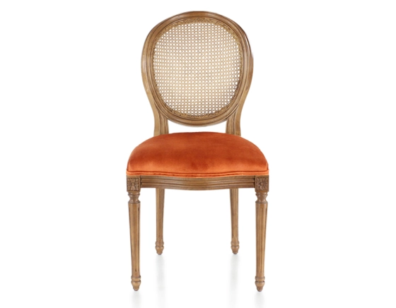 Chaise ancienne style Louis XVI bois teinte ancienne dossier canné assise tissu velours terracotta