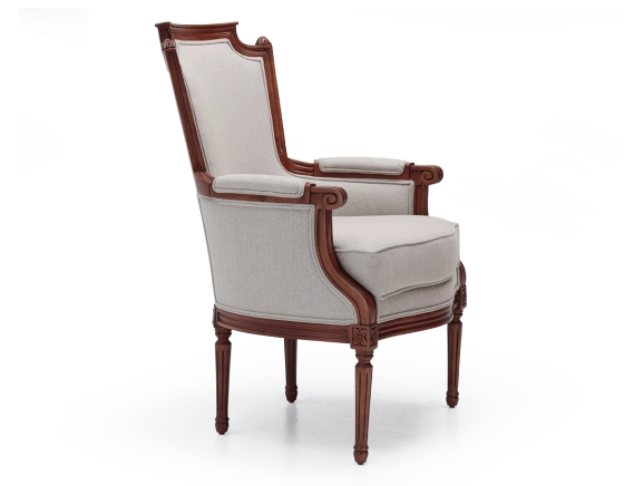 Fauteuil bergère style Louis XVI bois teinte ancienne et tissu beige naturel