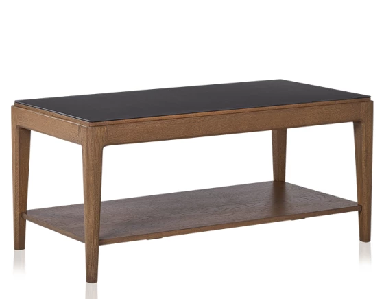 Table basse rectangulaire en chêne et céramique avec tablette en bois teinte noyer plateau céramique noir unie 100x50 cm