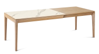 Table extensible 8 à 14 personnes en chêne et céramique allonges bois avec bois teinte naturelle et plateau céramique effet marbre blanc 210x100 cm Table extensible 8 à 14 personnes en chêne et céramique allonges bois avec bois teinte naturelle et plateau céramique effet marbre blanc 210x100 cm