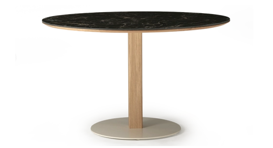 Table salle à manger ronde en chêne et céramique 4 à 6 personnes avec bois teinte naturelle et plateau céramique effet marbre noir m2 110x110