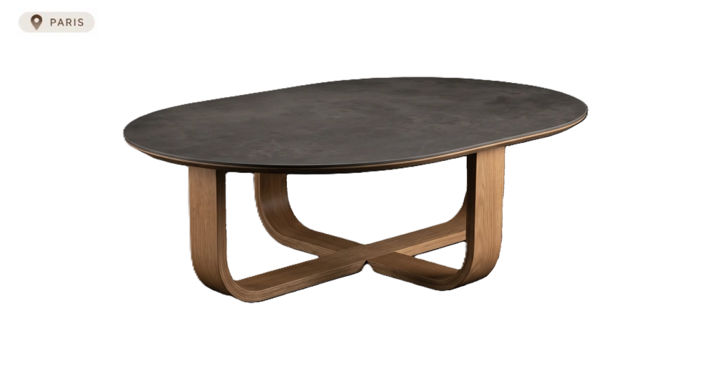 Table basse ovale en chêne et céramique avec bois teinte vintage plateau céramique effet brun oxydé 120x80 cm