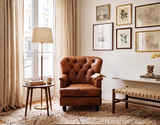 Fauteuil Chesterfield cuir marron vintage moyen dossier