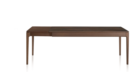 Extendable table for 8 to 12 people in oak and ceramic with wooden extensions with dark brown stained wood and oxidised brown ceramic top 180x100 cm
