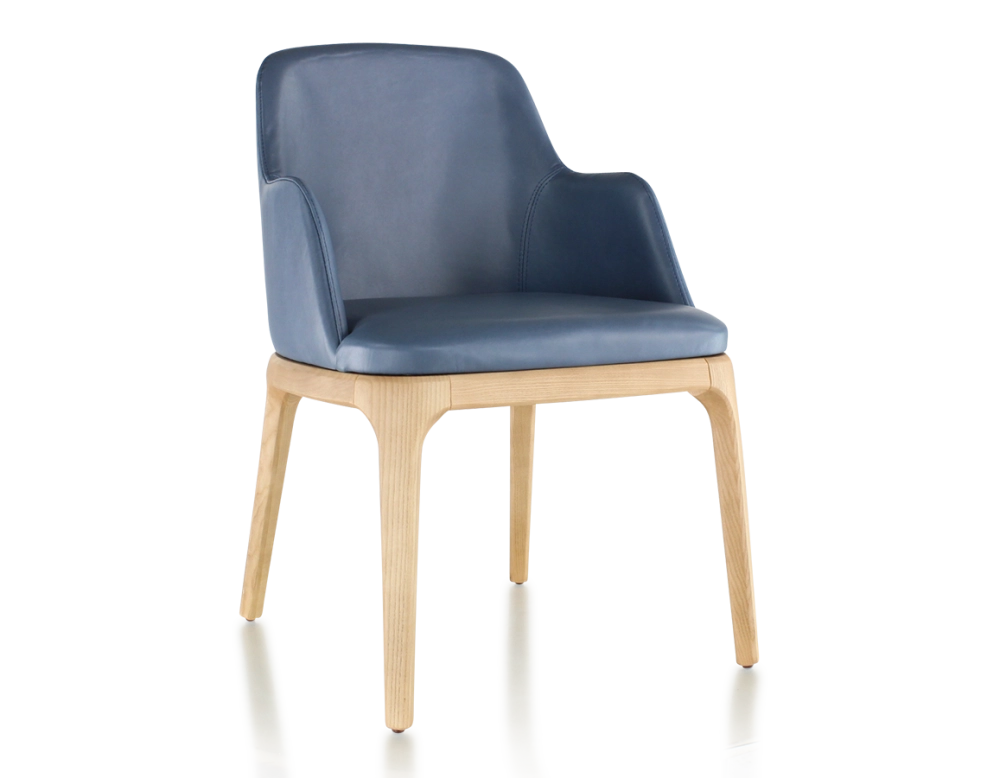 Chaise design avec accoudoirs bois teinte naturelle et cuir bleu orage Chaise design avec accoudoirs bois teinte naturelle et cuir bleu orage
