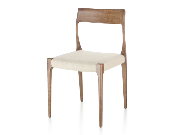 Chaise scandinave bois teinte noyer assise tissu chevron beige