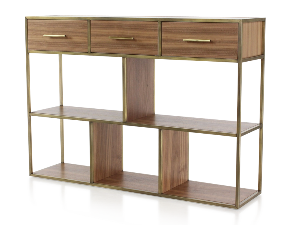 Console design noyer teinte naturelle et métal patine laiton Console design noyer teinte naturelle et métal patine laiton